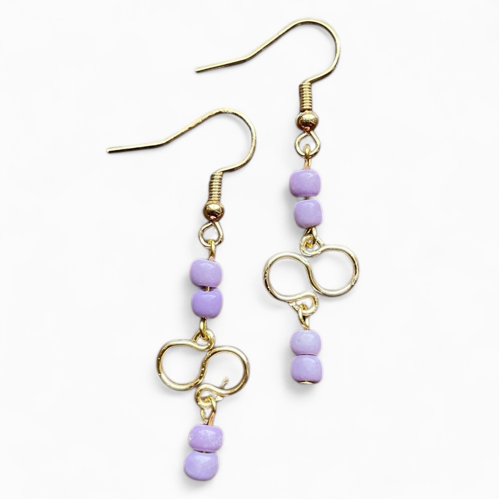 Gold and Purple Beaded Infinity Earrings - Picture 4 of 11